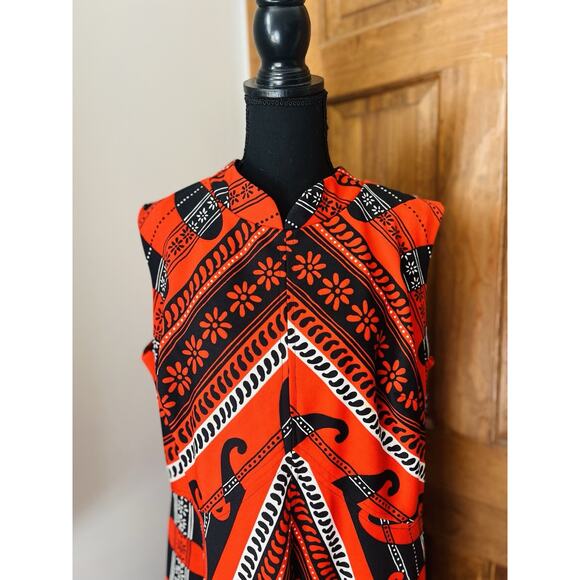 1970s Handmade Red Black White Keyhole Maxi Dress Retro Mod Groovy LG Boho - Picture 2 of 8